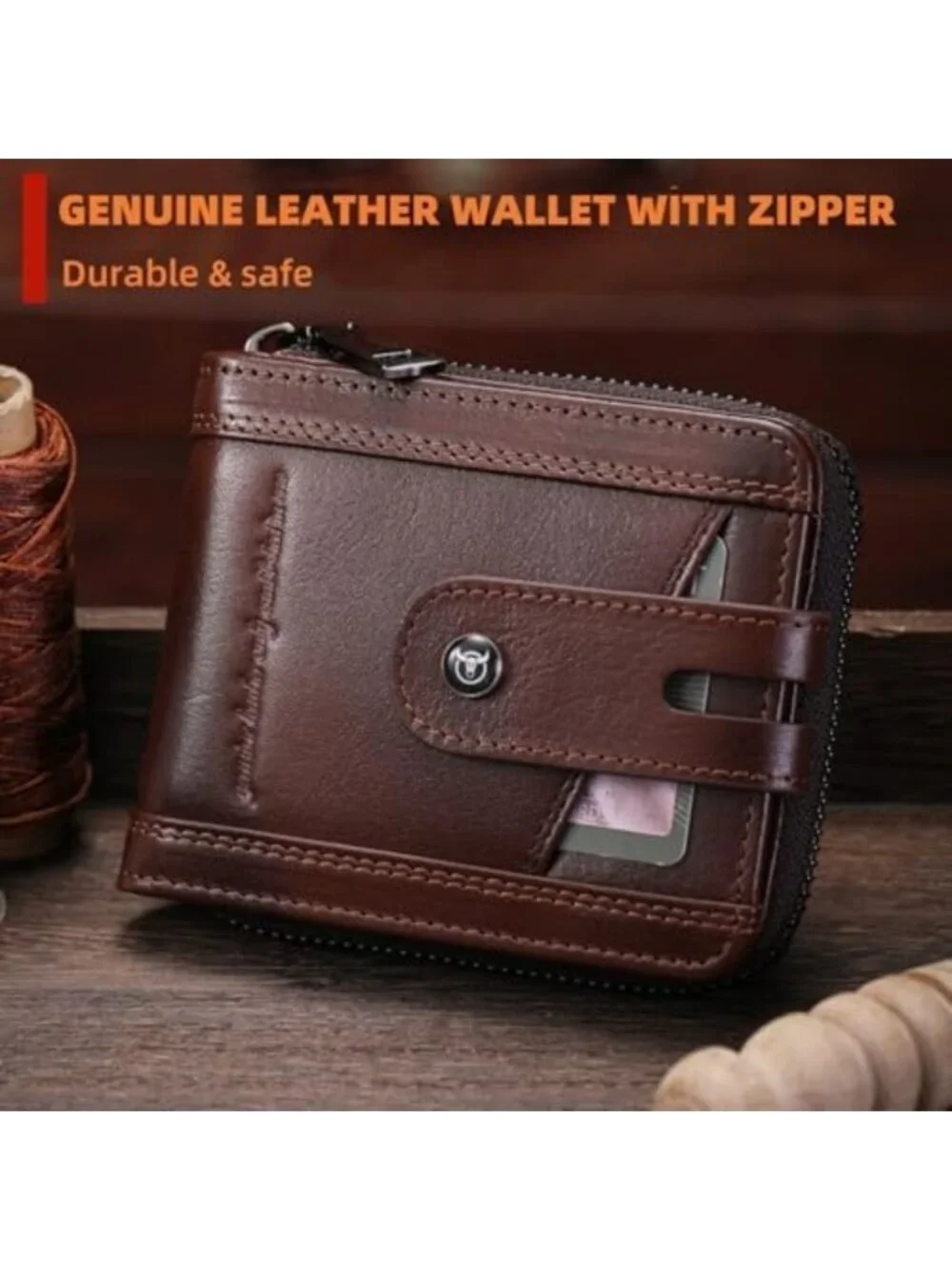Genuine Leather Men's Zipper Wallet - Stylish, Durable, RFID Protection, Coffee